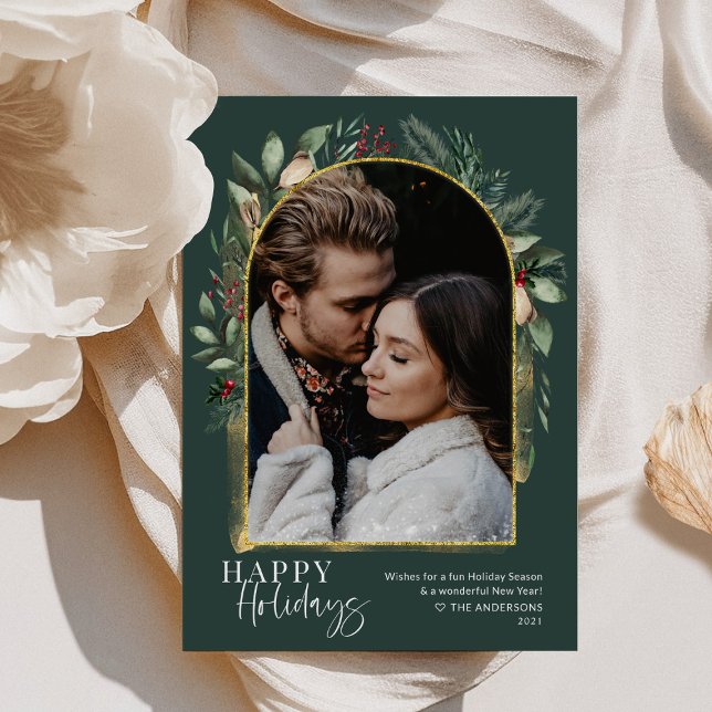 Cartão De Festividades Foto de Sobreposição de Neve de Arco Dourada Verde (Criador carregado)