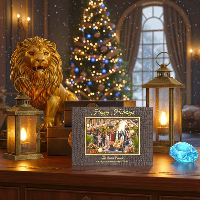 Cartão De Festividades Foto de Textura de Jacaré Marrom Falso Impresso (Luxury Brown Alligator Print Frame Photo Holiday Card)