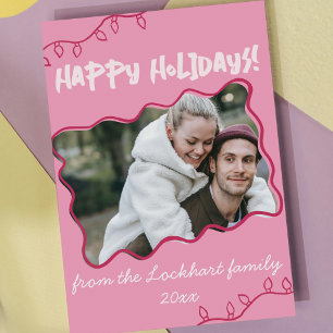 Cartão De Festividades Foto Desenhada da Mão de Borda ondulada Pink Quirk