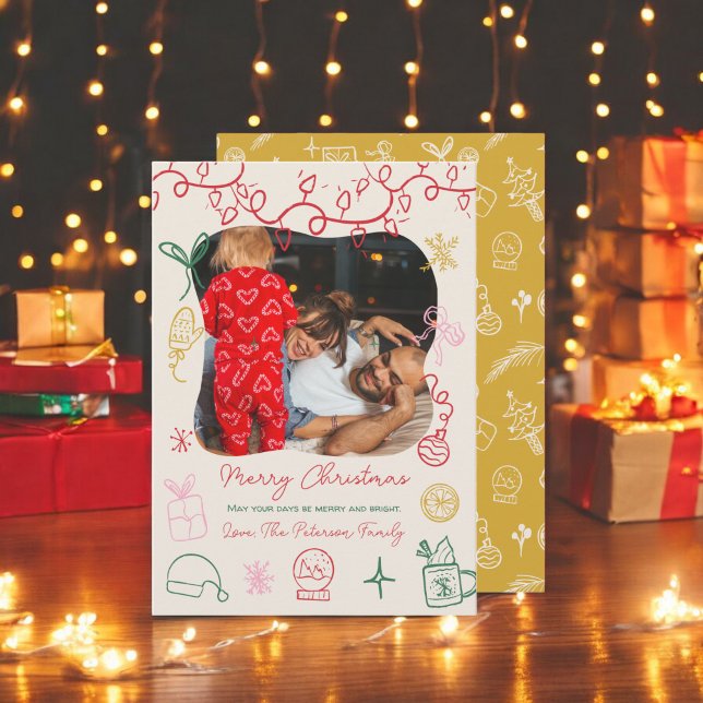 Cartão De Festividades Foto divertida da ilustração quística de Quirky bo (Quirky boho chic illustration fun photo Christmas Holiday Card)