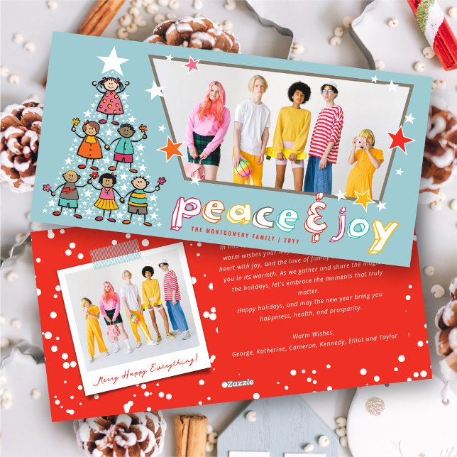 Cartão De Festividades Foto divertida do Cartoon Peace & Joy de Natal Tre (Peace & Joy Colorful Cartoon Christmas Tree Kids Fun Photo Holiday Card @ fat_fa_tin)
