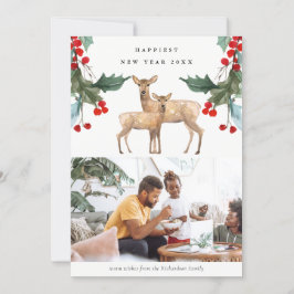 CARTÃO DE FESTIVIDADES FOTO DO ANO NOVO DO VERDE HOLLY BERRY DEER DUO