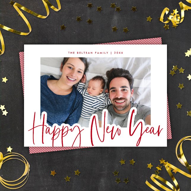 Cartão De Festividades Foto do Ano Novo Moderno Vermelho e Branco (Criador carregado)