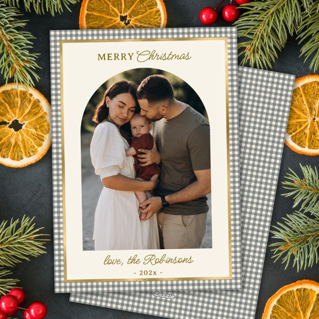 Cartão De Festividades Foto do Arco da Xadrez Dourada Verde e Feliz Natal (Criador carregado)