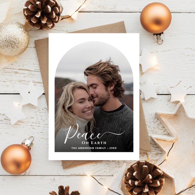 Cartão De Festividades Foto do Arco de Natal Black & White Peace On Earth (Criador carregado)