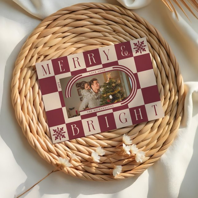 Cartão De Festividades Foto do arco de Natal do Verificador Retroativo fe (Merry & Bright Retro Checker Christmas Arch Photo Holiday Card)