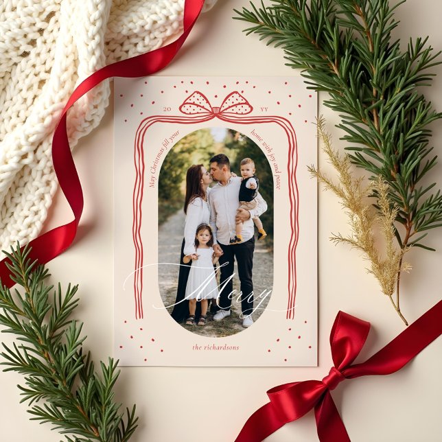 Cartão De Festividades Foto do Arco do Arco de Natal em Chic Elegante com (Merry Script Elegant Chic Christmas Bow Arch Photo Holiday Card)