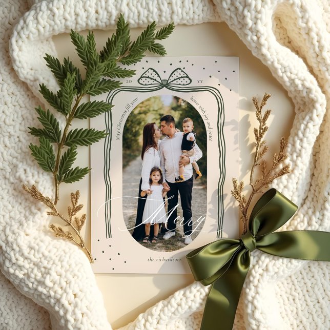 Cartão De Festividades Foto do Arco do Arco de Natal em Chic Elegante com (Merry Script Elegant Chic Christmas Bow Arch Photo Holiday Card)