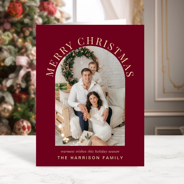Cartão De Festividades Foto do Arco Elegante Natal Burgundy (Share the love and warmth of the season with an elegant arch photo Christmas card)