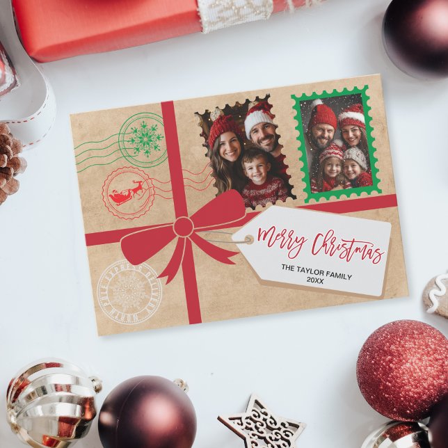 Cartão De Festividades Foto do Arco Kraft Red Green Gift Feliz Natal (christmas card designed to look like a gift with a ribbon and bow)