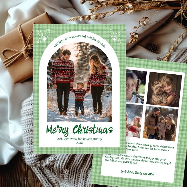 Cartão De Festividades Foto do Arco Personalizado Verde do Natal Gingham  (Gingham Christmas Green Custom Arch 5 Photo Holiday Card
)