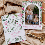 Cartão De Festividades Foto do Arco Verde Cor-de-Rosa Brilhante Moderno<br><div class="desc">Esta coleção apresenta cor d'água,  florais cor-de-rosa claro,  bagas e verde de inverno com tipografia moderna e elegante,  com padrão botânico invernal de volta.</div>