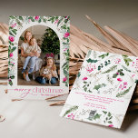 Cartão De Festividades Foto do Arco Verde e Rosa Brilhante Feliz Natal<br><div class="desc">Esta coleção apresenta cor d'água,  florais cor-de-rosa claro,  bagas e verde de inverno com tipografia moderna e elegante,  com padrão botânico invernal de volta.</div>