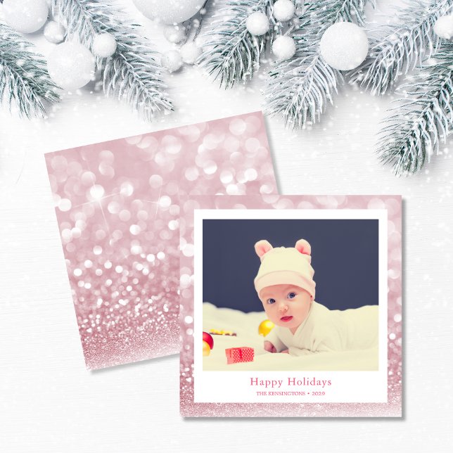 Cartão De Festividades Foto do bebê Feriado Rosa, Cinza (Baby Girl’s First Christmas Square Photo Card)
