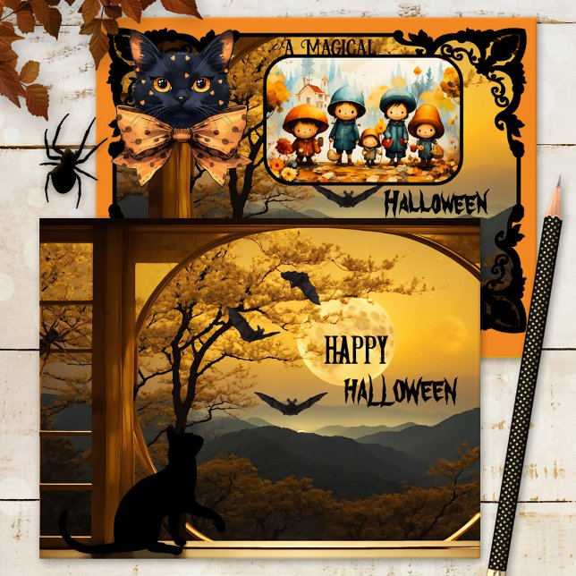 Cartão De Festividades Foto do Dia das Bruxas de Gato Negro Bonito (Halloween photo card featuring a cute black kitty having a blast with the bats at full moon)