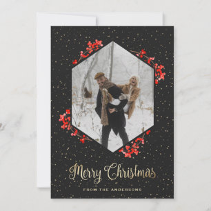 Cartão De Festividades Foto do Elegante Black Dourado Snow Red Berries