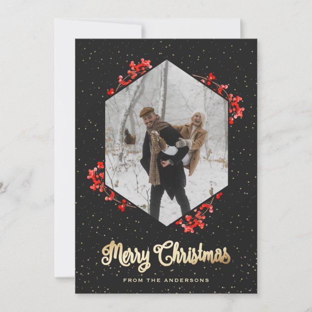 Cartão De Festividades Foto do Elegante Black Dourado Snow Red Berries (Frente)