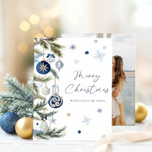 Cartão De Festividades Foto do Enfeites de natal Azul Elegante Watercolor