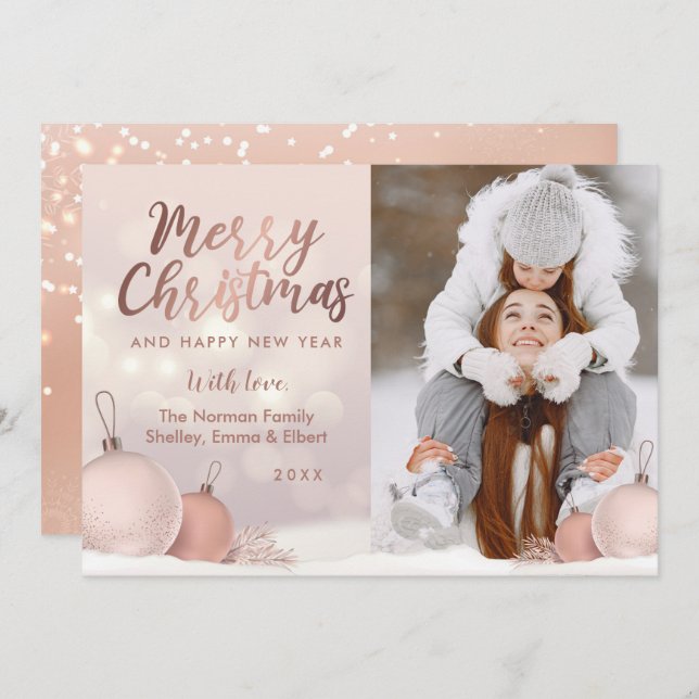 Cartão De Festividades Foto do Enfeites de natal rosa Dourado Elegante (Frente/Verso)