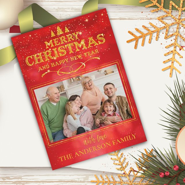 Cartão De Festividades Foto do Feliz ano novo de Natal Bright Red Merry (Criador carregado)