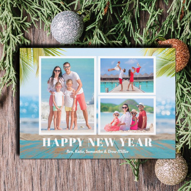 Cartão De Festividades Foto do Feliz ano novo de praia tropical (Tropical Beach Happy New Year Photo Holiday Cards - Order INSTANT DOWNLOAD and/or PRINTED or both!)