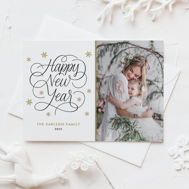 Cartão De Festividades Foto do Feliz ano novo Dourado Snowflakes (Gold Snowflakes Happy New Year Photo Holiday Card)