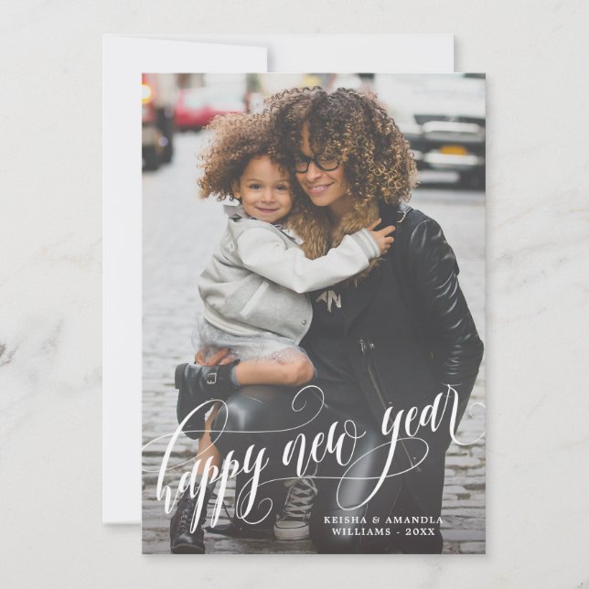 Cartão De Festividades Foto do Feliz ano novo Elegante Swirly (Frente)