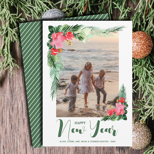 Cartão De Festividades Foto do Feliz ano novo Floral Tropical (Tropical Floral Happy New Year Photo Holiday Cards - Order INSTANT DOWNLOAD and/or PRINTED or both!)