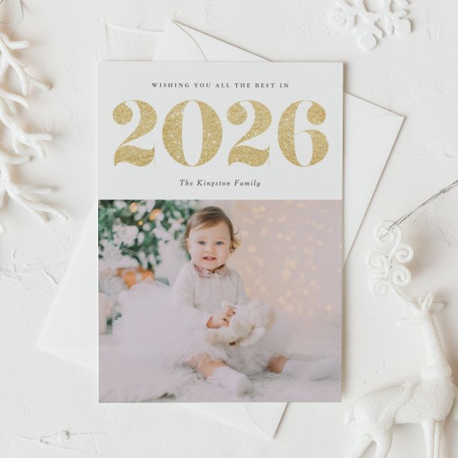 Cartão De Festividades Foto do Feliz ano novo Glitter Dourado Chic 2022 (Customizable photo 2026 Happy New Year card featuring festive faux gold foil glitter.)