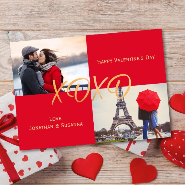 Cartão De Festividades Foto do Feliz dia de os namorados XOXO Dourado (Criador carregado)