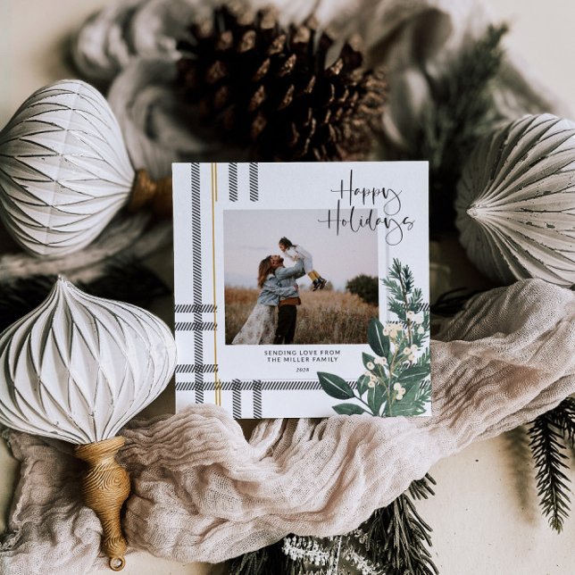 Cartão De Festividades Foto do feriado russo de Xadrez verde (Plaid Family Photo Holiday Card Rustic Greenery)