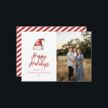Cartão De Festividades Foto do FesSanta Hat<br><div class="desc">Chapéu de cor de água festiva Santa,  cartão com fotos de férias. Características,  tipografia vermelha com suporte de padrão de faixa de coordenação.</div>