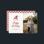 Cartão De Festividades Foto do FesSanta Hat<br><div class="desc">Chapéu de cor de água festiva Santa,  cartão com fotos de férias. Características,  tipografia vermelha com suporte de padrão de faixa de coordenação.</div>