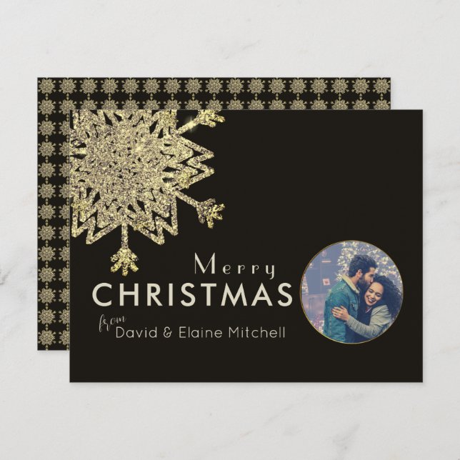 Cartão De Festividades Foto do Floco de Neve Preto e Dourado | Feliz Nata (Frente/Verso)