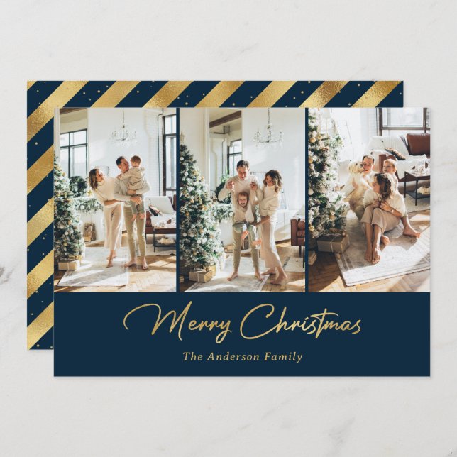 Cartão De Festividades Foto do Luxury Blue Gold Feliz Natal (Frente/Verso)