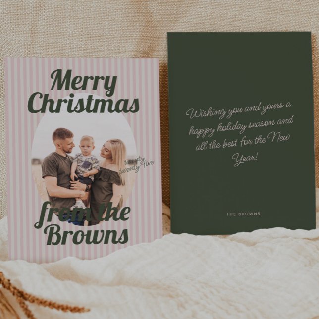 Cartão De Festividades Foto do Natal do Boho Oval com Stripes Rosa Retroa (Criador carregado)