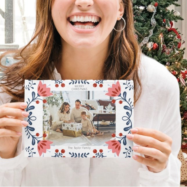 Cartão De Festividades Foto do Natal do Quadro Floral Elegante (Elegant Floral Frame Christmas Two Photo Holiday Cards from Ricaso Add your own photo and text)