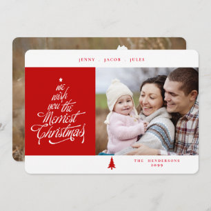 Cartão De Festividades Foto do Natal mais feliz, vermelho e branco