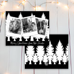 Cartão De Festividades Foto do Natal Moderno Preto e Branco<br><div class="desc">Cartões de Natal personalizados. Fotos da família negra e branca com uma linha de árvores de pinheiros altos cartões simplistas modernos.</div>