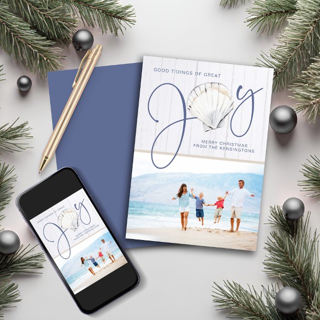 Cartão De Festividades Foto do Natal Náutico Joy Seashell Holiday (Nautical Christmas Joy Seashell Holiday Photo Card)