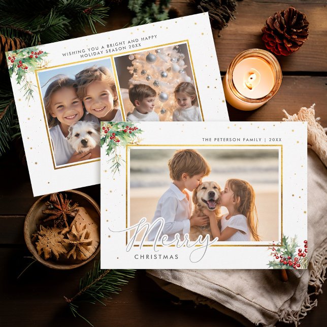 Cartão De Festividades Foto do Natal para Crianças Douradas de Moldura de (christmas card kids photo template winter greenery gold frame modern minimalist simple watercolor)