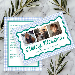 Cartão De Festividades Foto do Natal Verde Azul Gingham Wavy 3