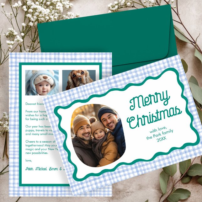 Cartão De Festividades Foto do Natal Verde Azul Gingham Wavy 3 (Gingham Wavy Blue Green Christmas Custom 3 Photo Holiday Card
)