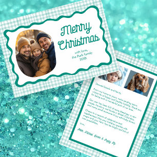 Cartão De Festividades Foto do Natal Verde Gingham Wavy 3