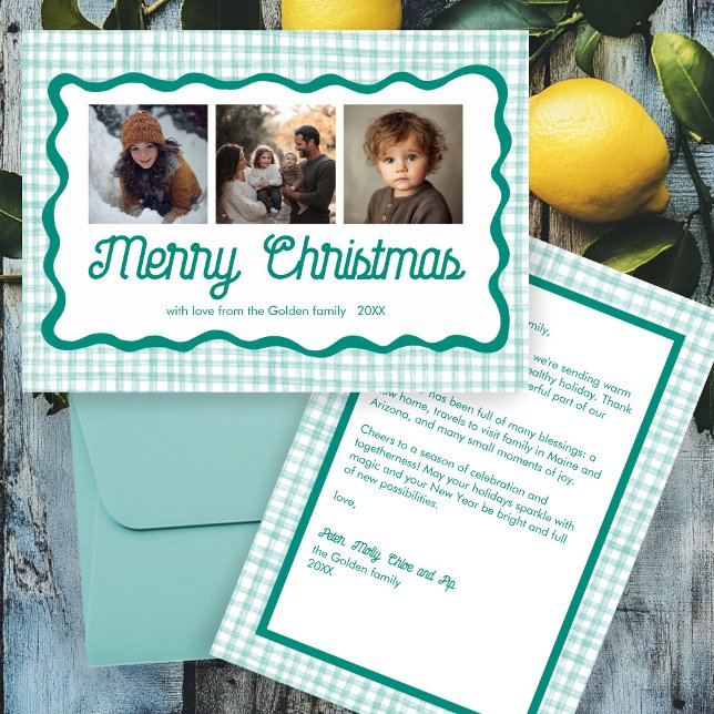 Cartão De Festividades Foto do Natal Verde Gingham Wavy 3 (Gingham Wavy Green Christmas Custom 3 Photo Holiday Card
)