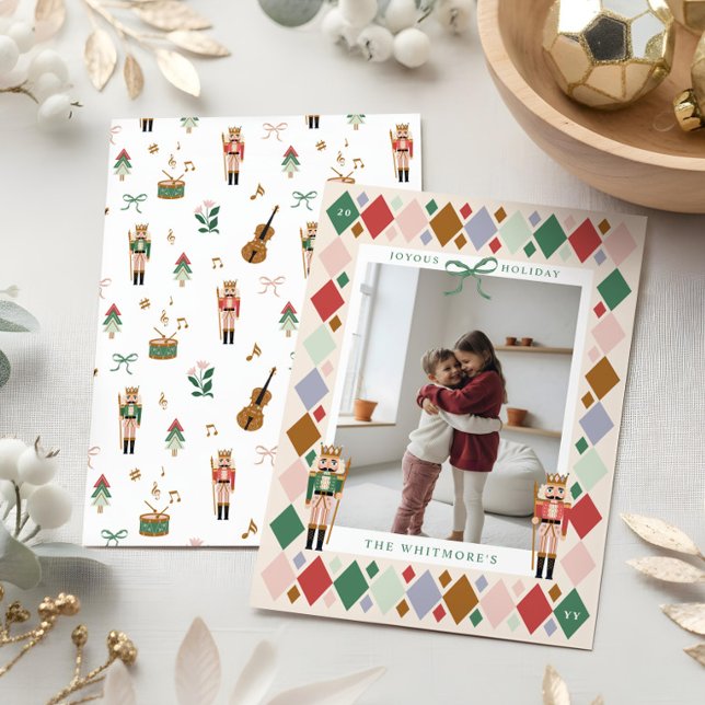 Cartão De Festividades Foto do padrão de diamante do Nutcracker Argyle (Modern Nutcracker Argyle Diamond Pattern Photo Holiday Card)