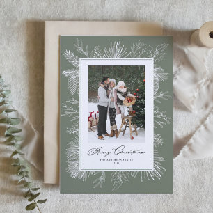 Cartão De Festividades Foto do Quadro Botânico Verde Taupe Natal