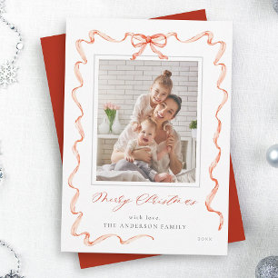 Cartão De Festividades Foto do Quadro do Arco Wavy Red Ribbon no Natal