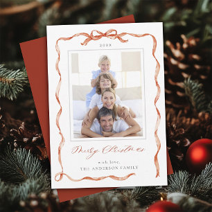 Cartão De Festividades Foto do Quadro do Arco Wavy Red Ribbon no Natal