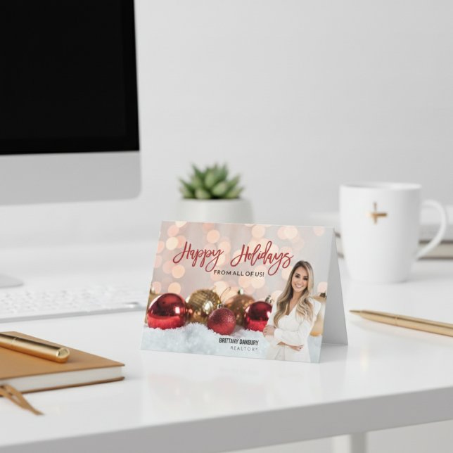 Cartão De Festividades Foto do Realador Imobiliário Dourado Vermelho Feli (Happy Holidays Red Gold Real Estate Realtor Photo Holiday Card
)